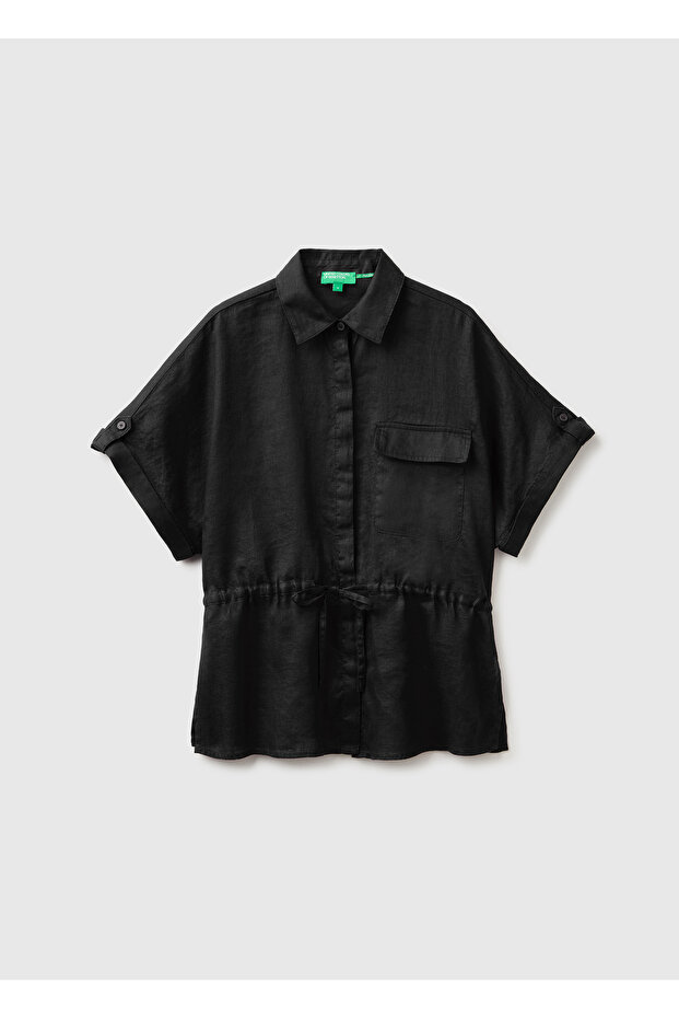 Women's Black 100% Linen Pocketed Drawstring Shirt