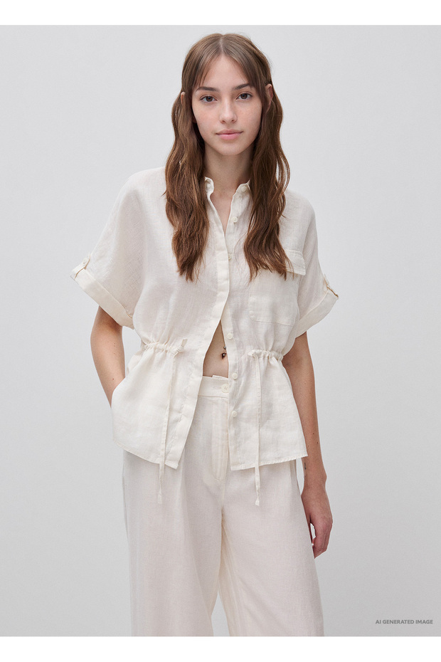 Women's Cream 100% Linen Pocketed Drawstring Shirt