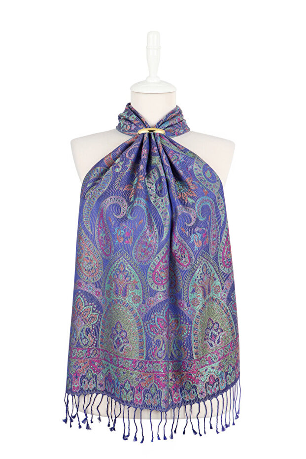 Purple Green Jamawar Woven Silk Scarf