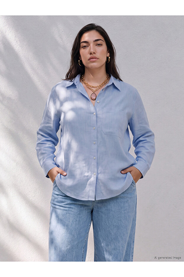 Lcw Petite Blue Linen Blend Women's Shirt