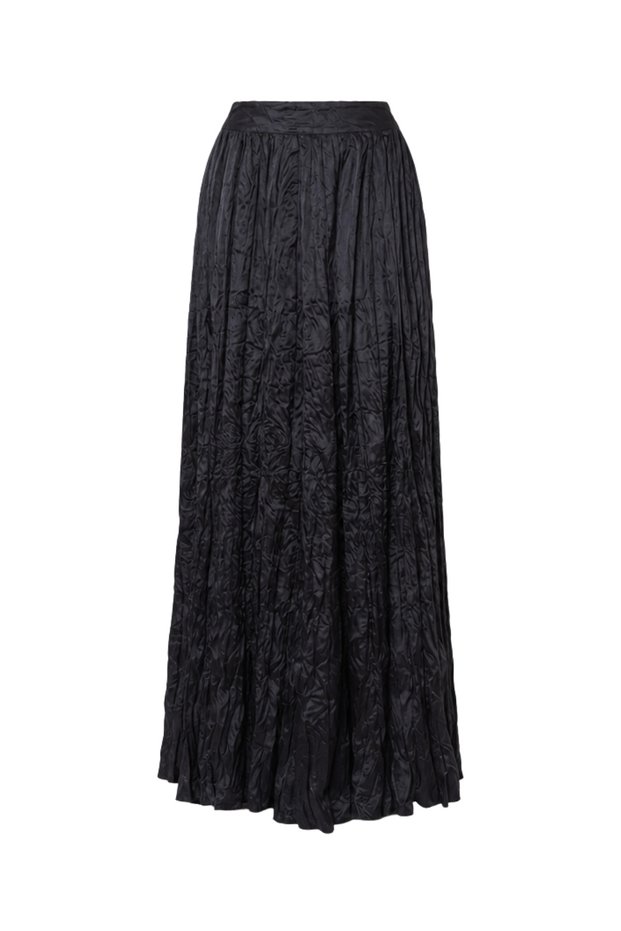 Wrinkle Effect Satin Texture Black Maxi Skirt