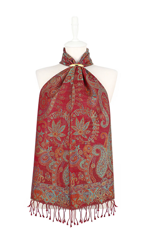 Burgundy Green Jamawar Woven Silk Scarf