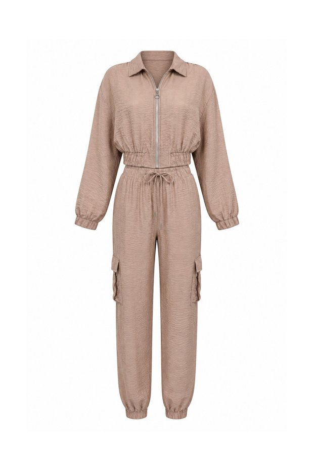 Wrinkle Effect Jacket and Trousers Camel Satin Set
