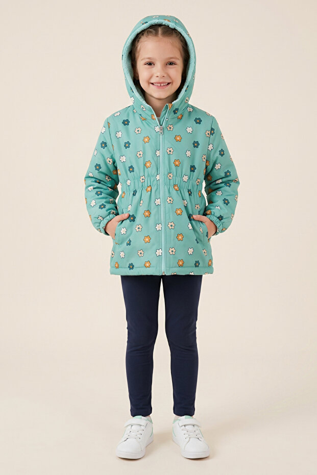 Girl's hooded printed coat with faux fur lining