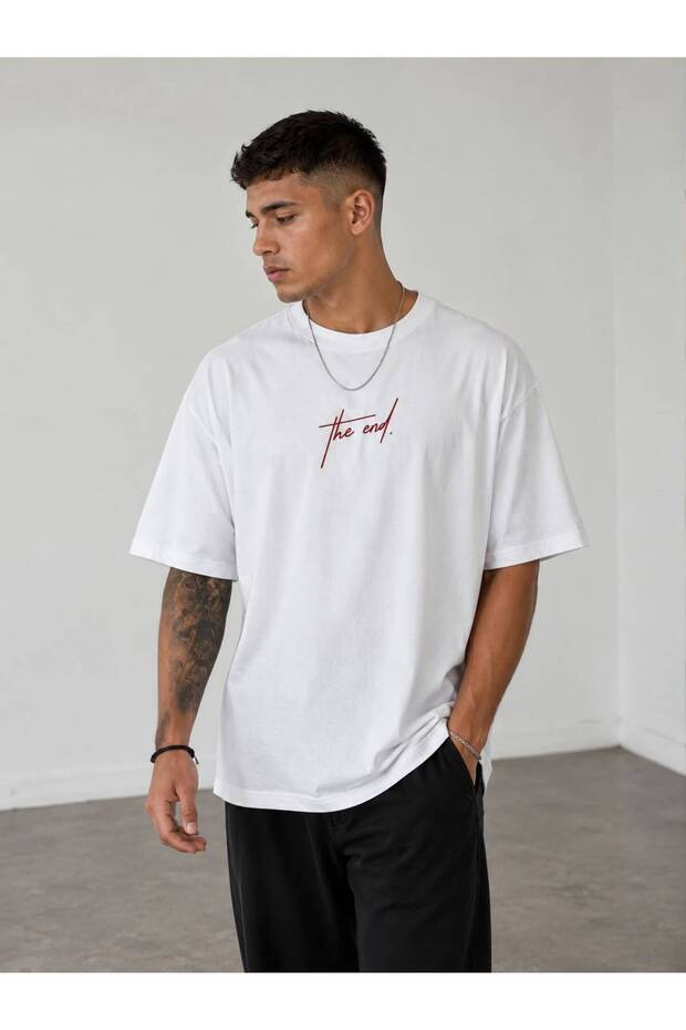 White Crew Neck Oversize Fit Cotton the End Printed Relaxed Cut Unisex T-Shirt
