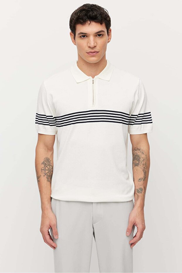 Men's Striped Zippered Knitwear T-Shirt
