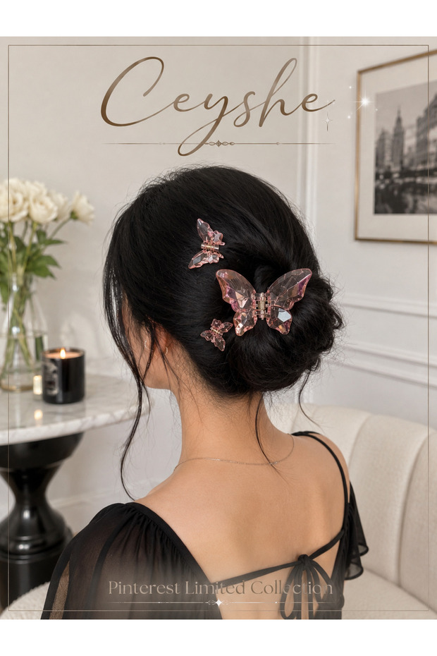 Pinterest 3-Piece Bright Beige Butterfly and Mini Butterfly Hair Clip Set |   Elegant Clasp Buckle