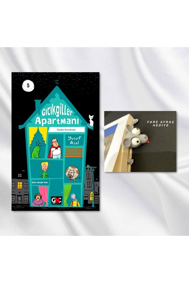 GICIKGİLLER APARTMANI - 5 / KENDİNİ KURTARMAK / Hardcover / Bookmark with the Figure of a Mouse Trapped in a Basket - Gift