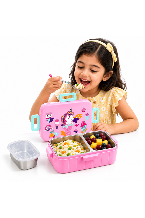 Cartoon Print Bento Lunch Box Stainless Steel Tiffin Box with Partition, Leakproof Square Buckle Design 600ml Container + 100ml Steel Bowl