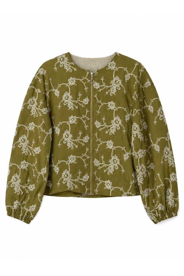 Nola Floral Embroidered Zippered Thin Jacket Women's Khaki