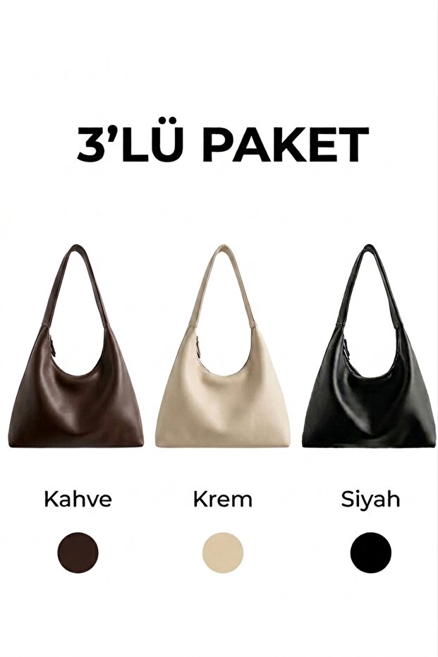 3-Pack Coffee, Cream, Black Vintage Double Zipper Hand and Shoulder Bag