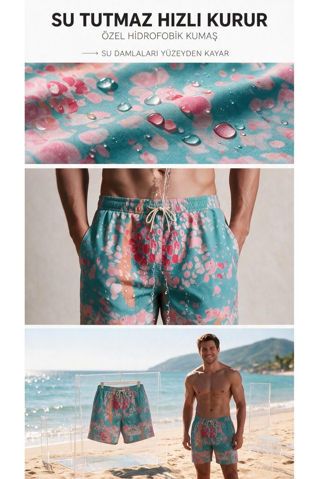 Coral Marbling Pattern Mesh Pocket Swimsuit Regular Fit Men's Swim Shorts Blue-Pink Elastic Waist Pool Shorts