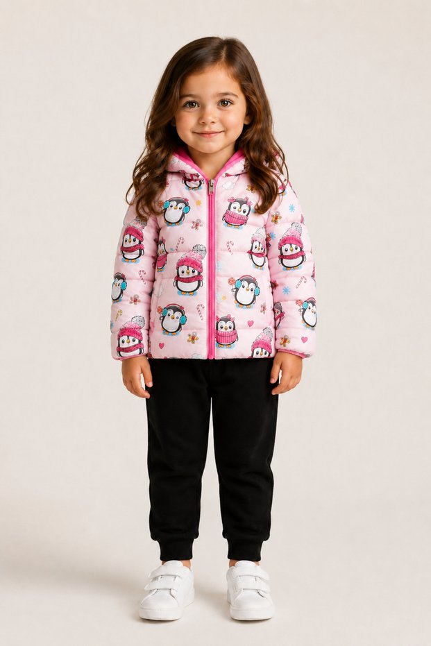 Girl's Inflatable Coat with Penguin and Candy Pattern, Hooded, Fleece Lined - Pink