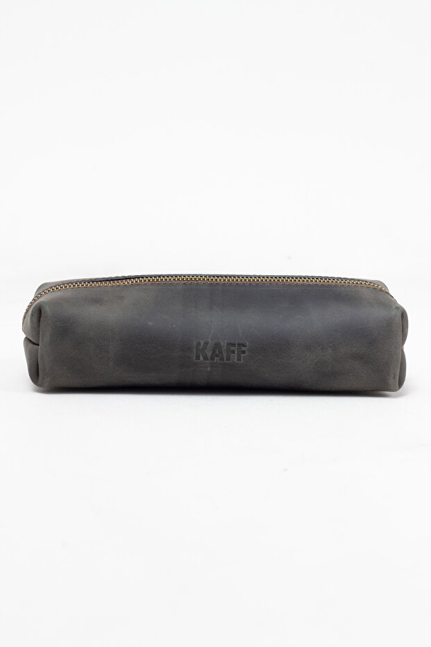 Genuine Calfskin Leather Medium Size Single Compartment Premium Zippered Pen Holder Gray
