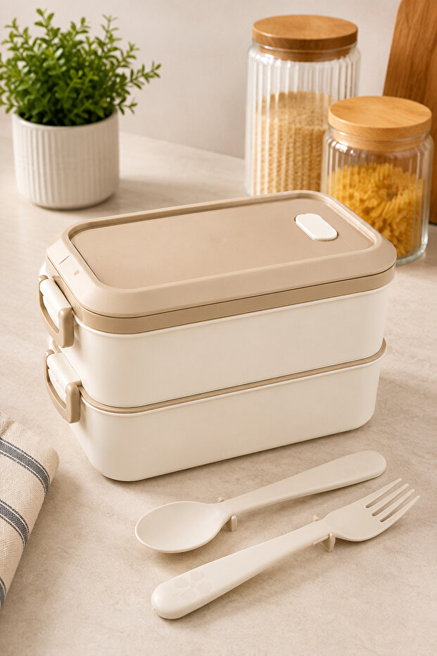 2-Tier Portable Lunch Box with Fork and Spoon, Cream, 21X11X12 cm