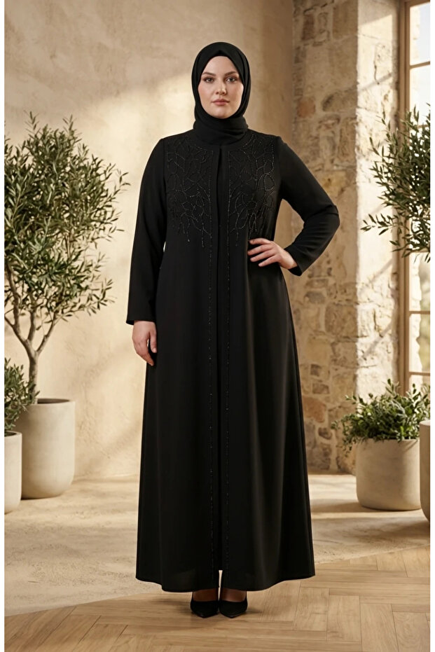 Plus Size Stone Embellished Hijab Evening Dress 6356-01 Black
