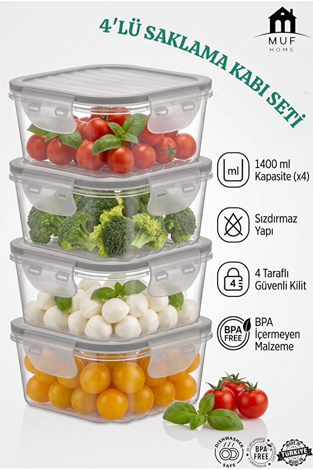 Set of 4 Square Storage Containers (4X1400 ml) - Airtight with Lockable Leak-Proof Lids, Bpa-Free Food and Refrigerator Organizer