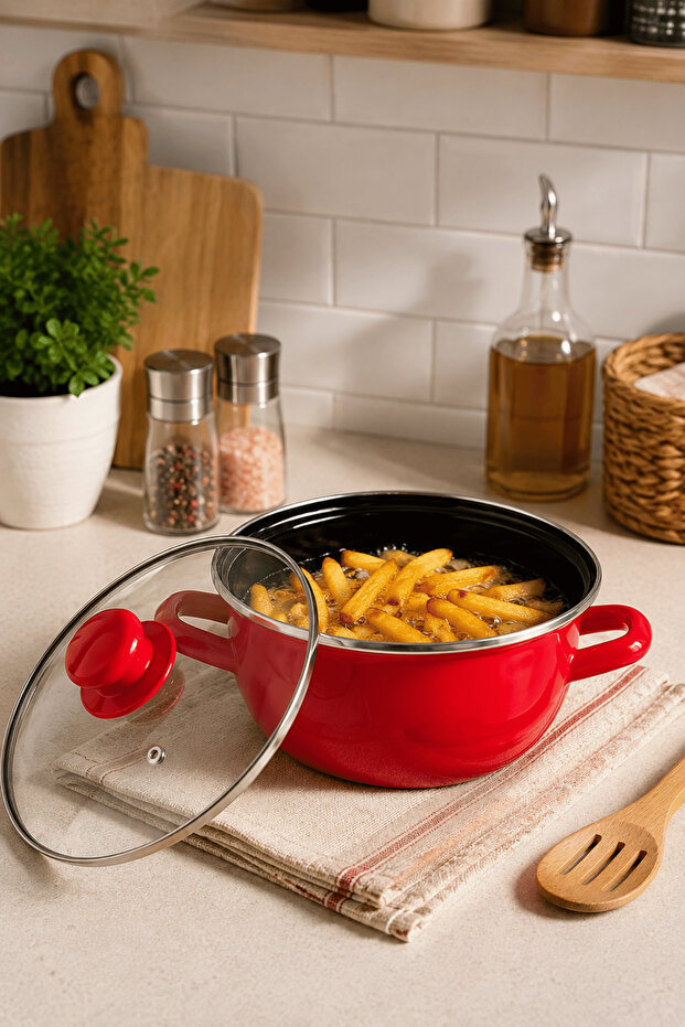 16 cm Enamel Covered Pot – Red Small Pot with Glass Lid