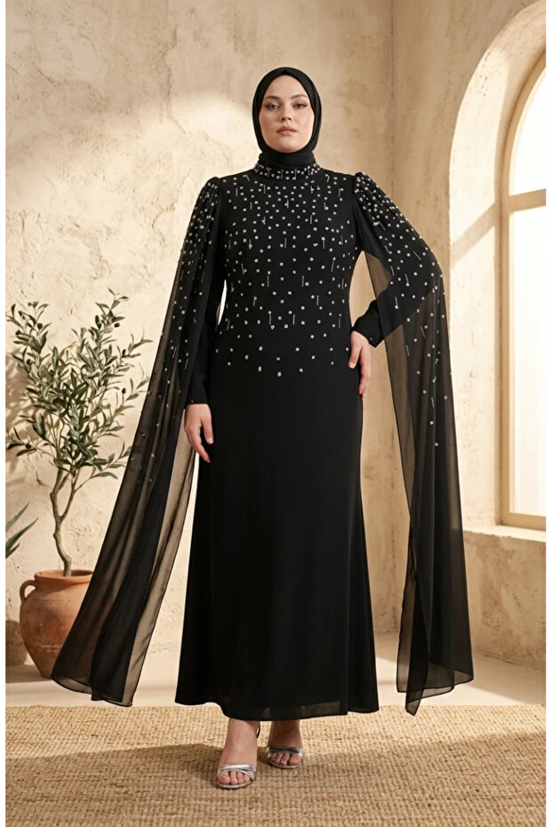Plus Size Stone Embellished Hijab Evening Dress 6402-01 Black