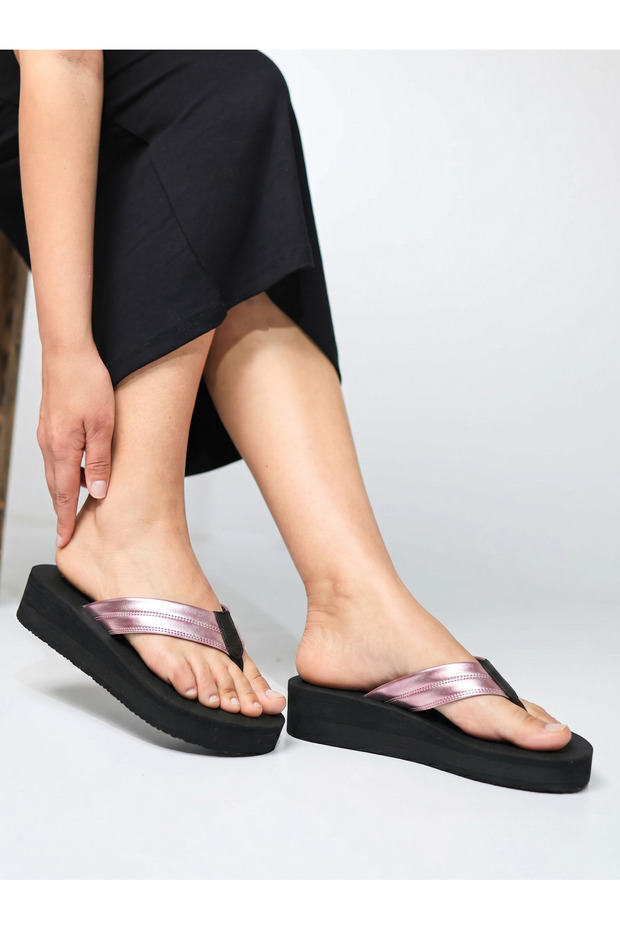 Viola Black Pink Wedge Heel Women's Flip Flops Beach Slippers (4.5) cm