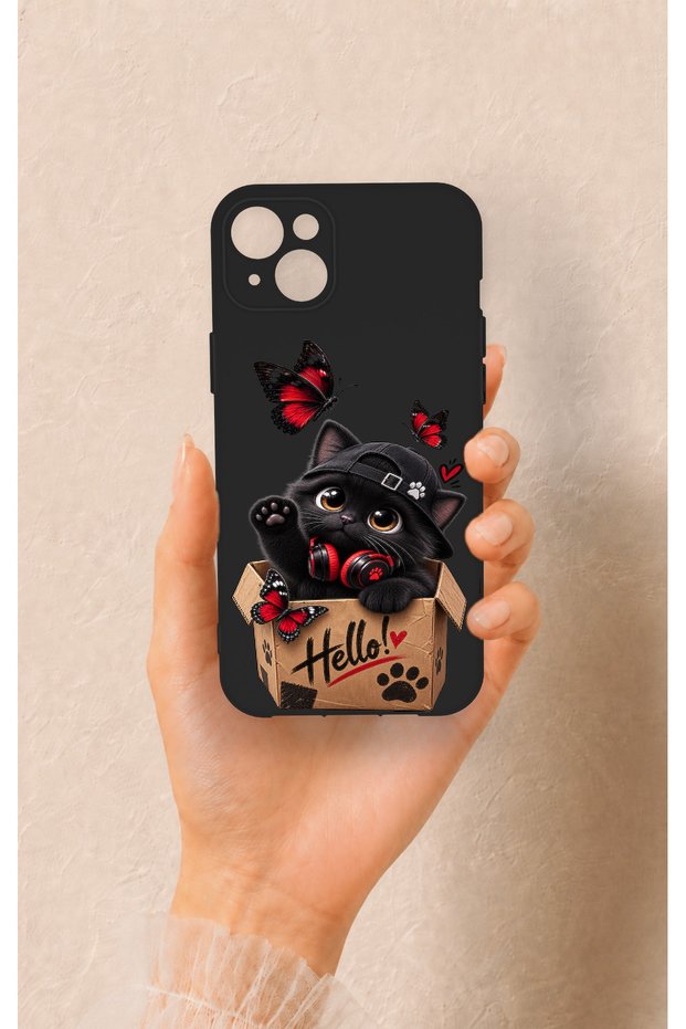 iPhone 14 Plus/15 Plus Compatible Hello Cat Patterned Silicone Case