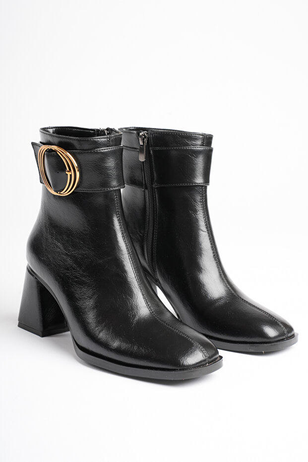 Women's Gold Ring Detailed Square Toe Black Thick Heeled Boots & Booties