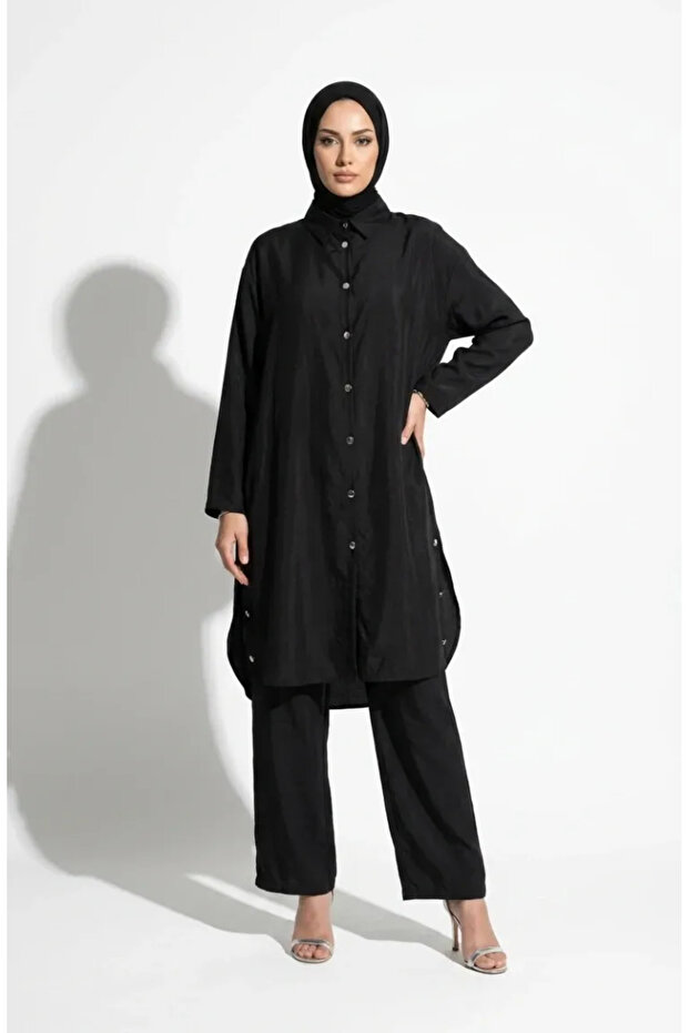 Shirt Collar Buttoned Hijab Double Set 2303-05 Black
