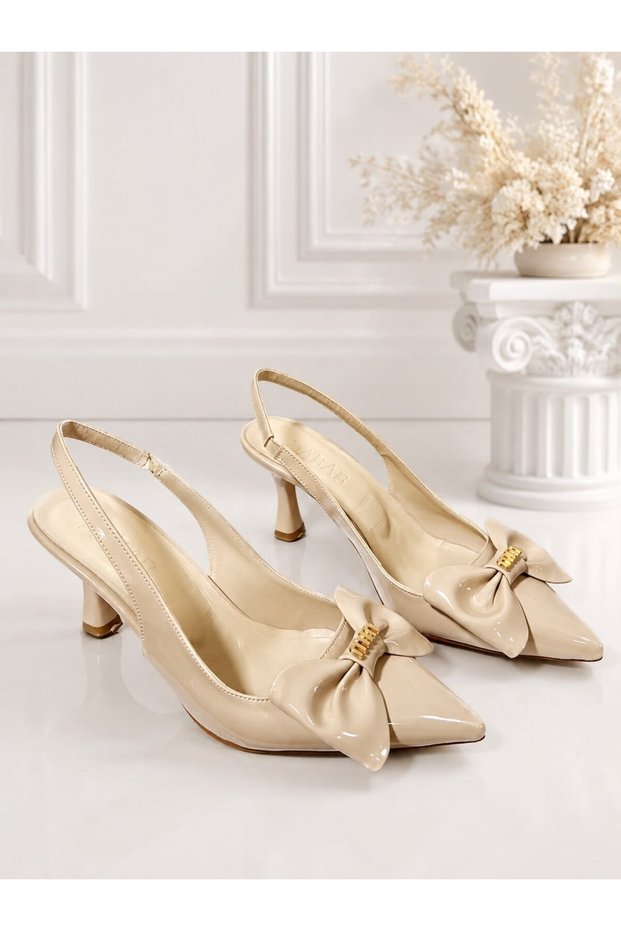 Kamila Women's Beige Bow Detailed Patent Leather Pointed Toe Slingback 7 cm Thin Heeled Shoes