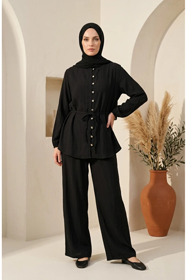 Button Detailed Hijab Double Set 2301-06 Black