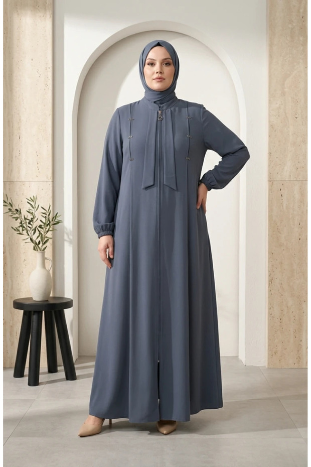 Large Size Stone Detailed Zippered Robe 6371-02 Smoked
