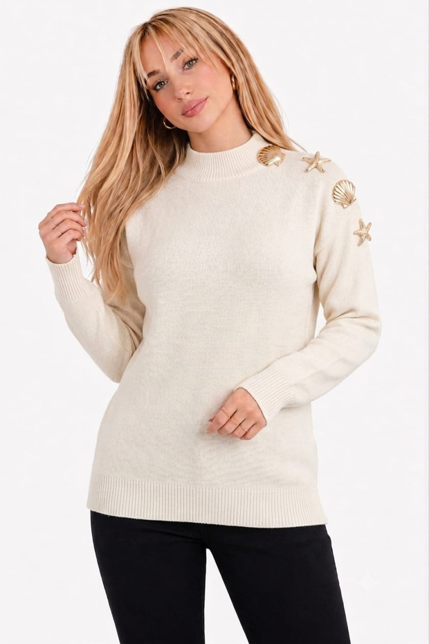 Women's Shellfish Starfish Detailed Crew Neck Knitwear Sweater Ecru