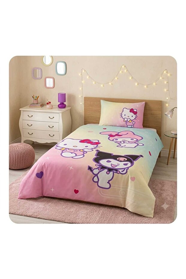 License-Protected Hello Ki̇tty & Fri̇ends (with 120 X 200 cm Elastic Sheet) Single Bedding Set