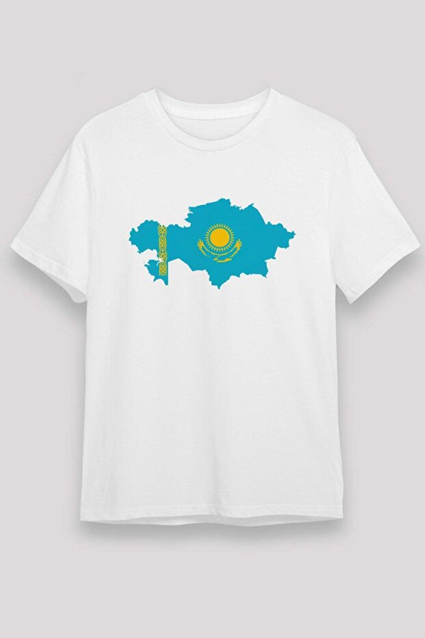 Kazakhstan Map and Flag Printed T-Shirt