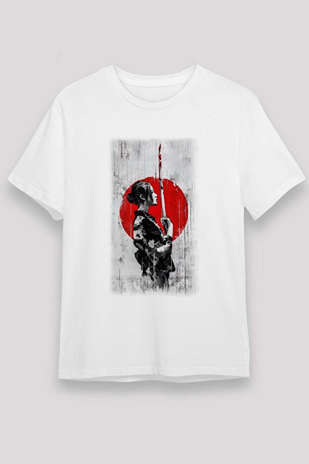 Samurai Girl and Japanese Flag Printed T-Shirt