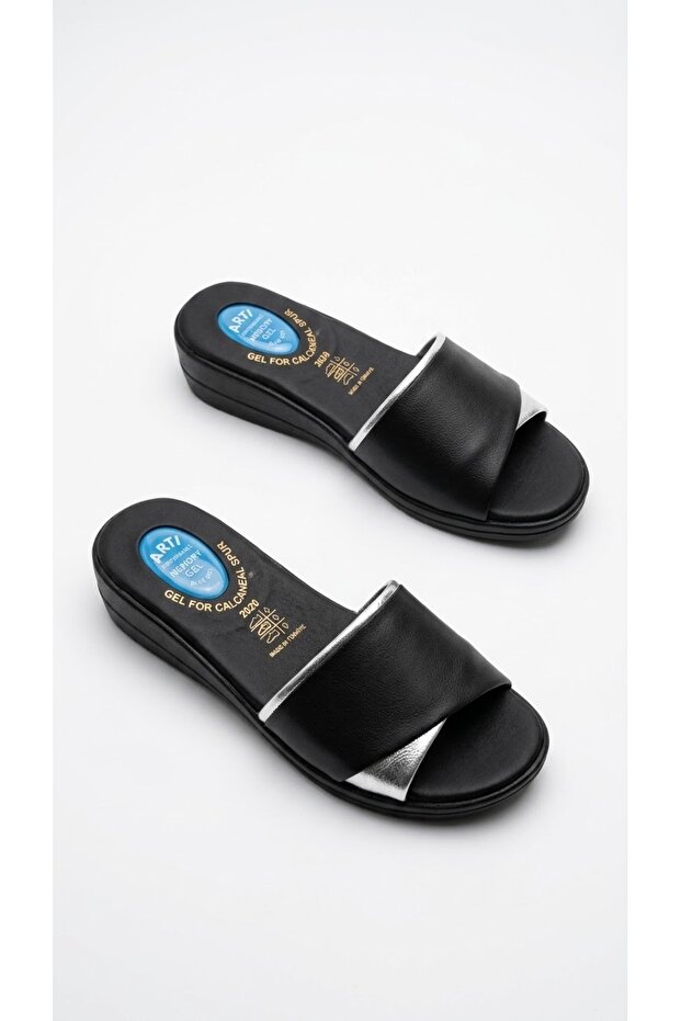 Artı&Jel-5000 Orthopedic Gel Heel Spur Function Black Silver Women's Slippers