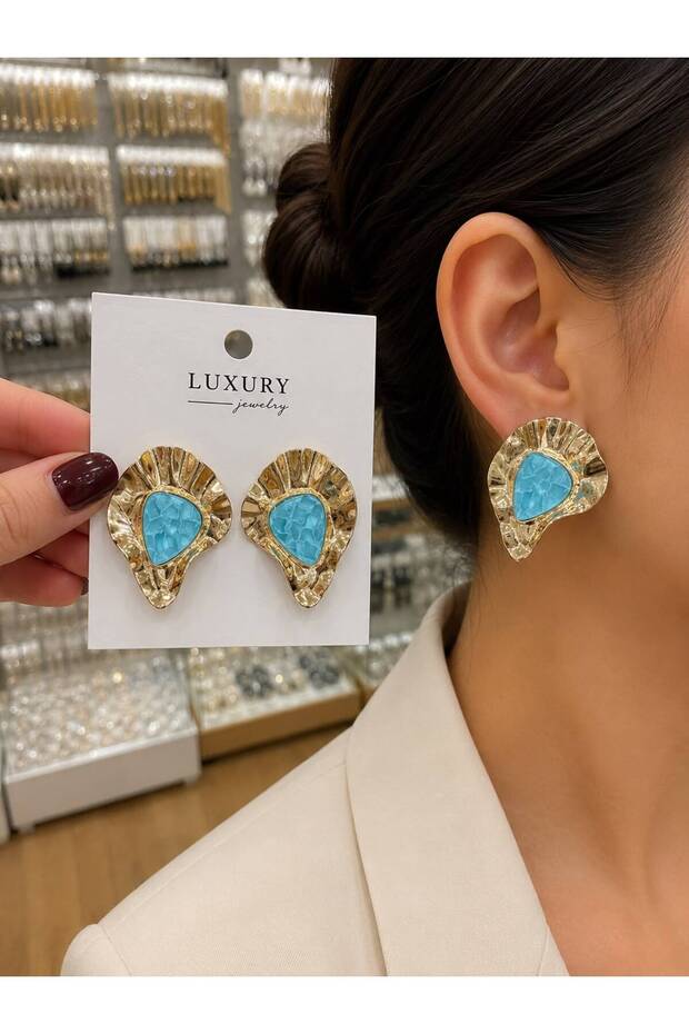 Turquoise Blue Stone Detailed Forged Metal Textured Luxury Design Women's Earrings