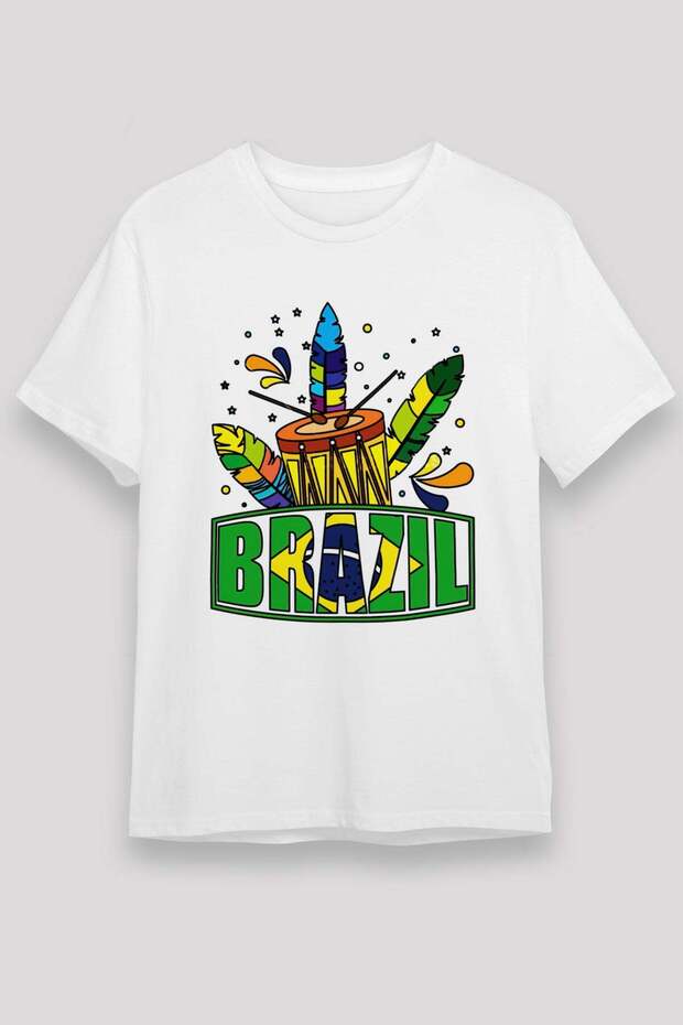 Brazil Themed Drum and Feathers Printed T-Shirt