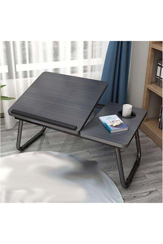 Modern Adjustable Laptop Table for Bed and Sofa, Foldable Portable Study Desk with Tilted Reading Surface, Side Table, Cup Holder and Sturdy Metal Legs, Ideal for Home Office, Reading, Workin