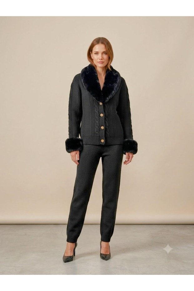 Women's Knitwear Cardigan A++ Quality Faux Fur Collar and Cuffs with Detachable Buttons