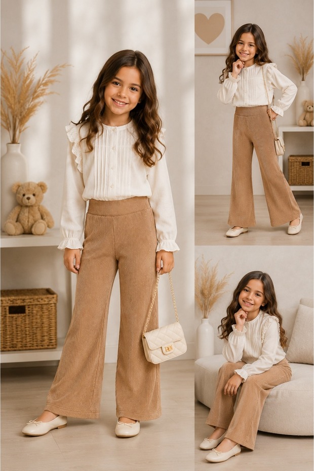 2-Piece Girls' Stone Detailed Spanish Flare Pants – Beige & Black