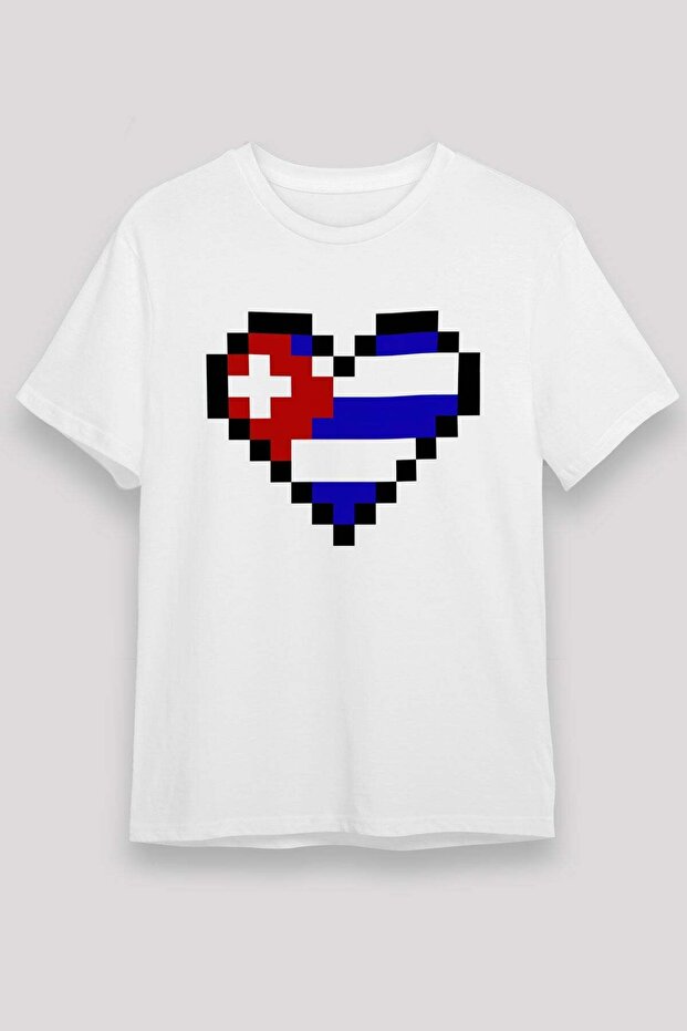 Pixel Cuba Flag Heart Printed T-Shirt