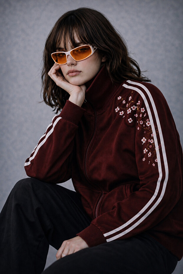 Sakura Embroidery Stripe Detailed Street Y2K Zipper Jacket