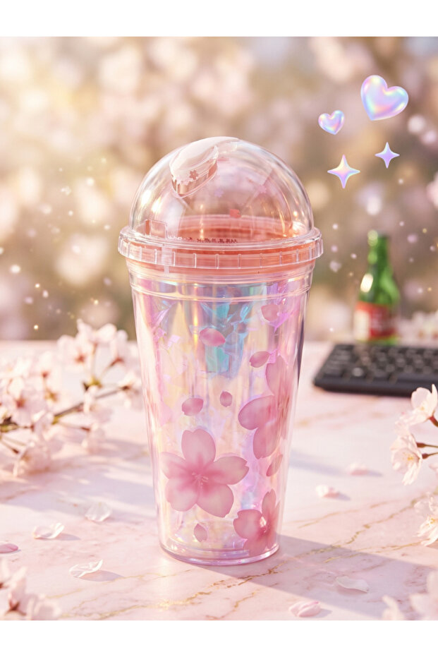Glittery Floral Patterned Double-Walled Water Bottle with Straw