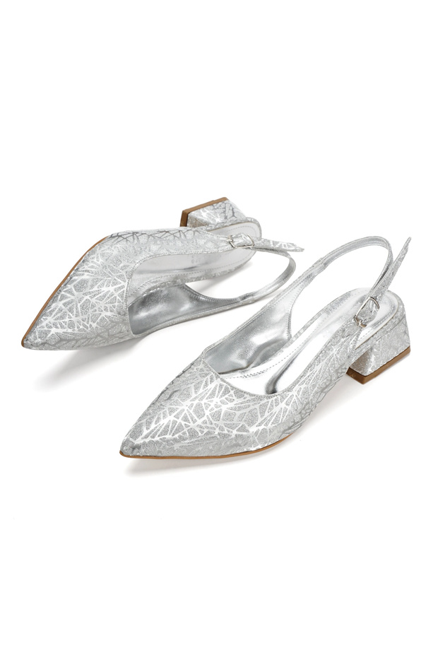 Women's Silver Open-Back Thick Heeled Patterned Evening Dress Shoes