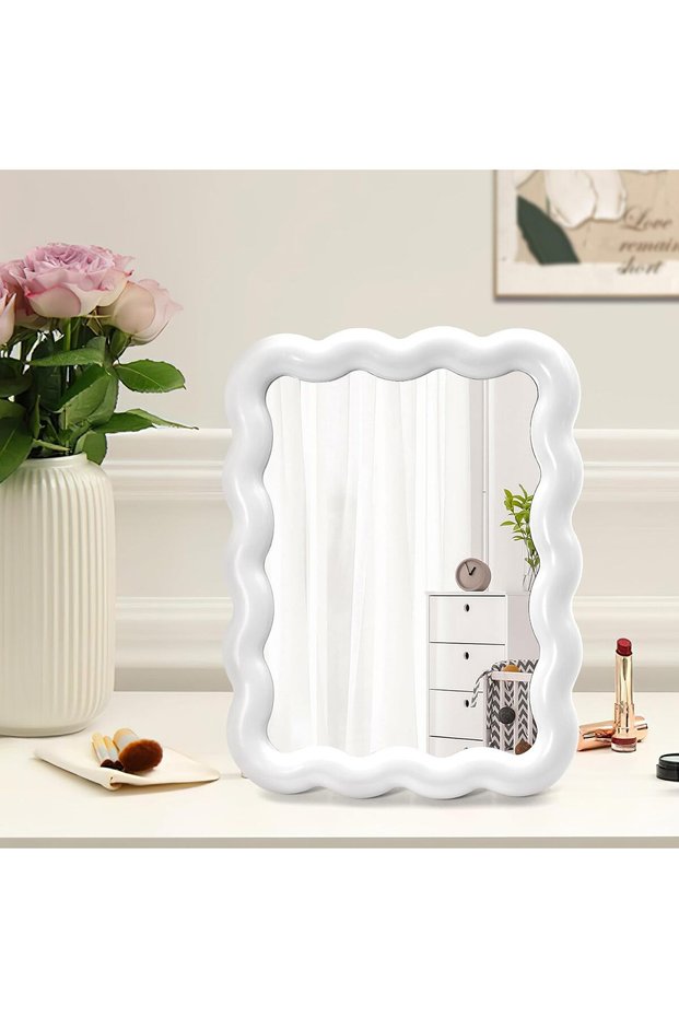 Cute Wave-Shaped Desk Vanity Makeup Mirror, Portable Aesthetic Folding Mirror for Travel, Standing/Hanging Makeup Mirror for Women & Girls, Home Décor Mirror (White)