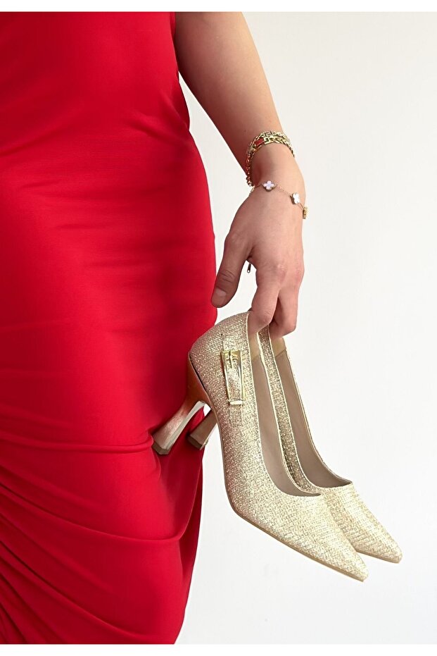 Gold Satin Glitter Heeled Shoes