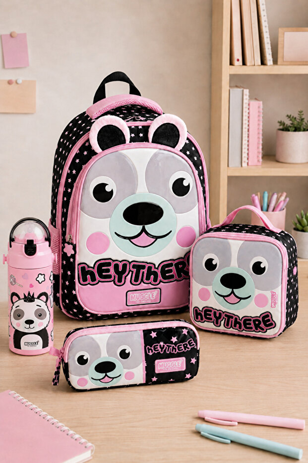 9091 4-Piece Primary School Backpack Set with Cute Animal Figures, Lunch Box, Pen Holder and Steel Mat