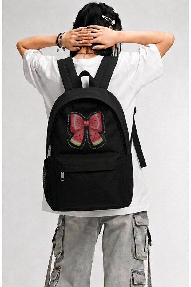 Unisex Watermelon Printed Backpack, Ribbon Themed School Bag