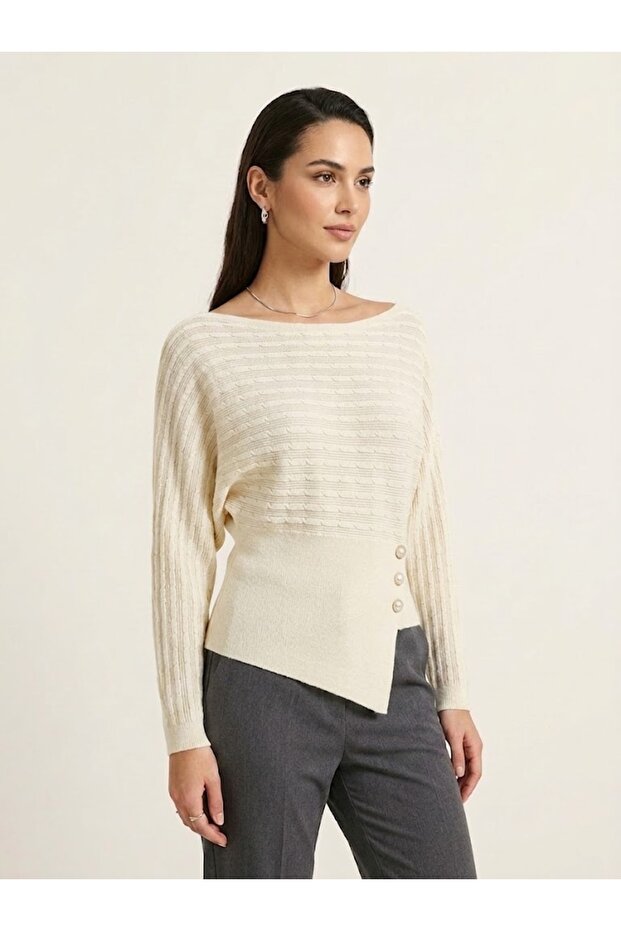 Boat Neck Button Detailed Asymmetrical Cut Knitwear Sweater 15356