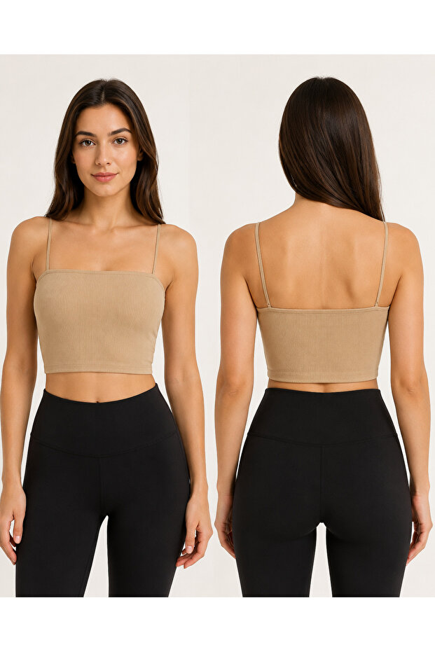 Women's Thin Strap Ribbed Crop Bustier Seamless Stretchy Casual Sports Tank Top